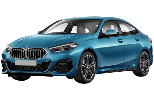 A blue BMW sedan is shown in this image