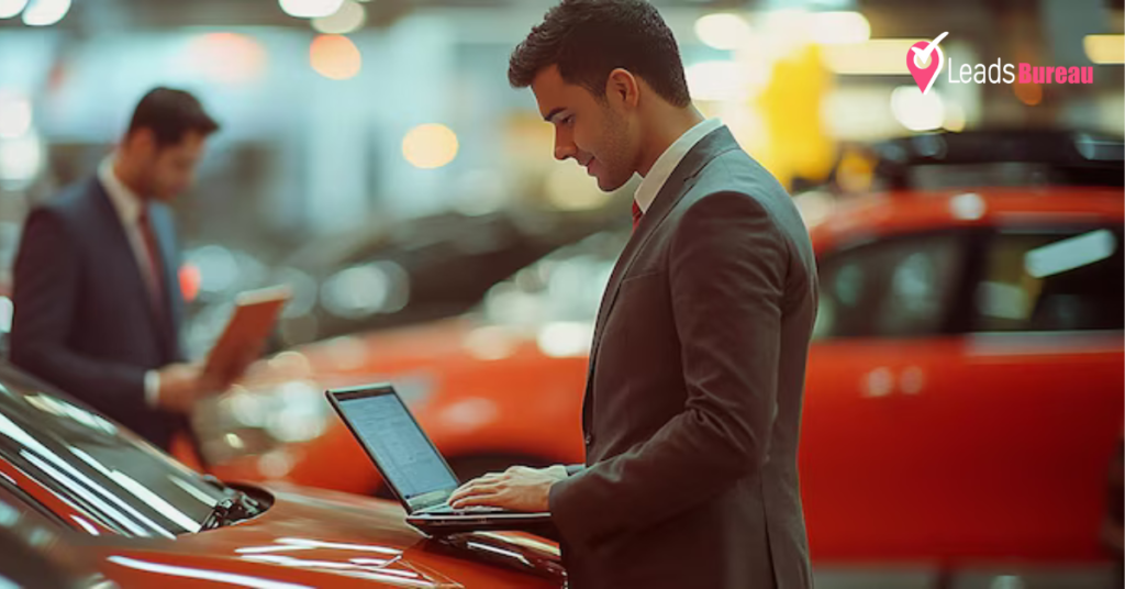 a men check subprime auto leads on laptop
